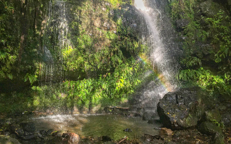 Rainbow in waterfall in Akaroa.